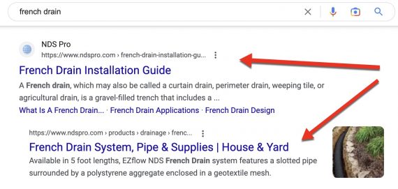 For Google SERPs "French drain" showing two listings from the same site.