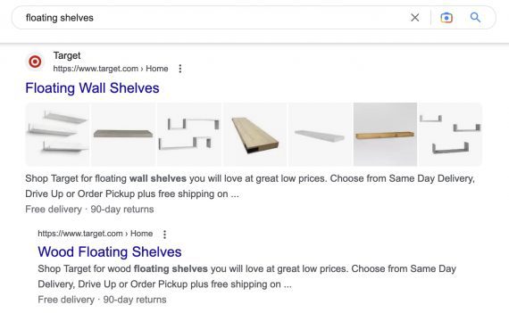 Screenshot of a Google SERP for "floating shelves" showing a clustered listing from Target.