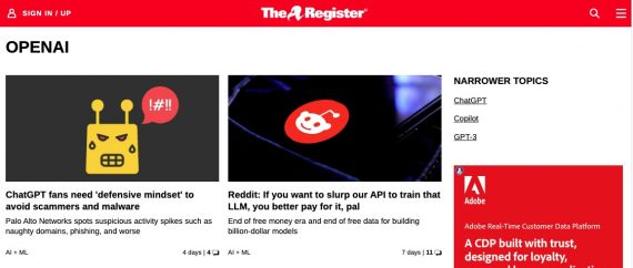 Home page of The Register