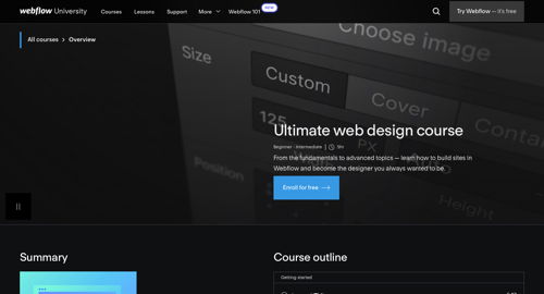 Home page of Webflow University - Ultimate Web Design Course