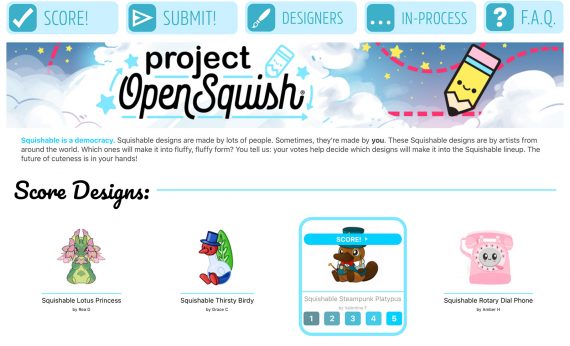 Squishable's product design voting page, featuring several potential products.
