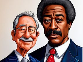 Illustrations of two male podcast hosts
