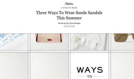 Screenshot of a Mr Porter blog post, titled "Three Ways to Wear Suede Sandals This Summer."