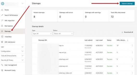 Screenshot of Webmaster Tools sitemap submission.