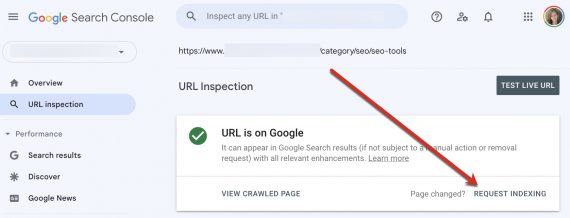 Screenshot of Search Console URL inspection.