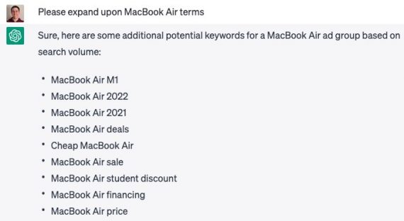 ChatGPT's response to the prompt: Please expand on MacBook Air terms.