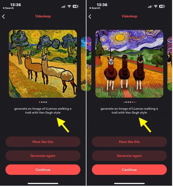 Screenshot of two images of llamas from the descriptive prompt of “Generate an image of llamas walking a trail with Van Gogh style.”