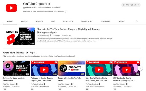 Home page of YouTube Creators