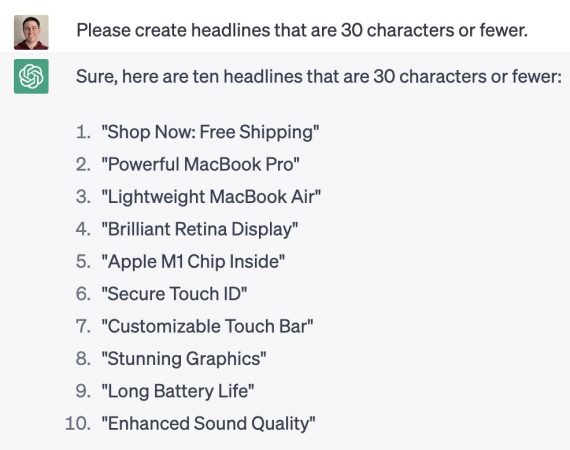 ChatGPT's response to the prompt: Please create headlines that are 30 characters or fewer.