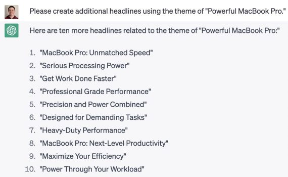 ChatGPT's response to the prompt: Please create additional headlines using the theme of "Powerful MacBook Pro."