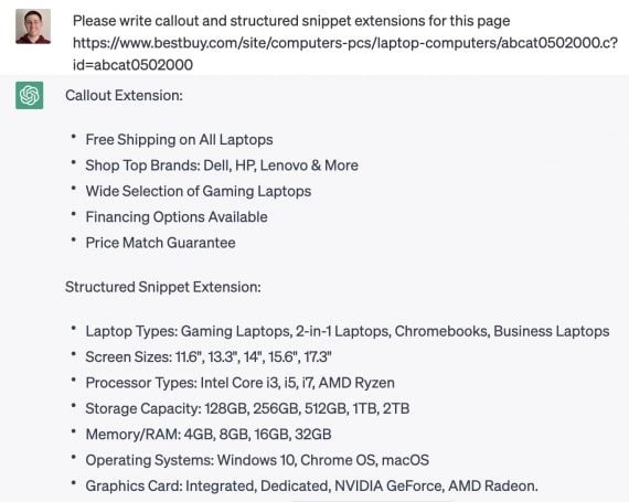 ChatGPT's response to the prompt: Please write callout and structured snippet extensions for this page https://www.bestbuy.com/site/computers-pcs/lapto-computers/abcat0502000.c.