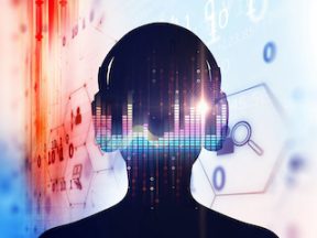 3d illustration of human with headphone on Audio waveform abstract technology background ,represent digital equalizer technology