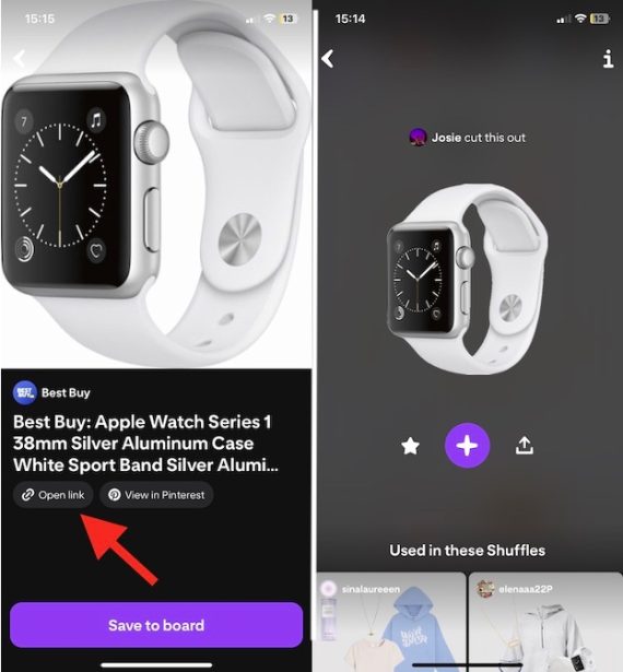 Two screenshots showing an Apple Watch from a Best Buy Pinterest image and a cutout version of the watch from a user. 