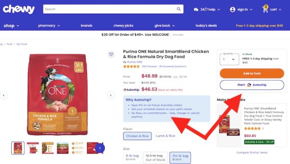 Screenshot of a Chewy dog food product page showing the auto-ship option. 