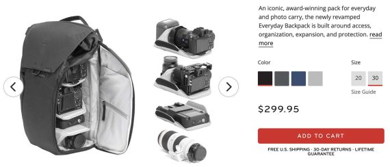 Una página de producto para una bolsa de cámara, que muestra varios estantes para guardar el equipo de la cámara.