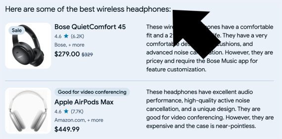 Captura de pantalla de los resultados de SGE para "audífonos inalámbricos" mostrando comentarios bajo el título, "Estos son algunos de los mejores auriculares inalámbricos."