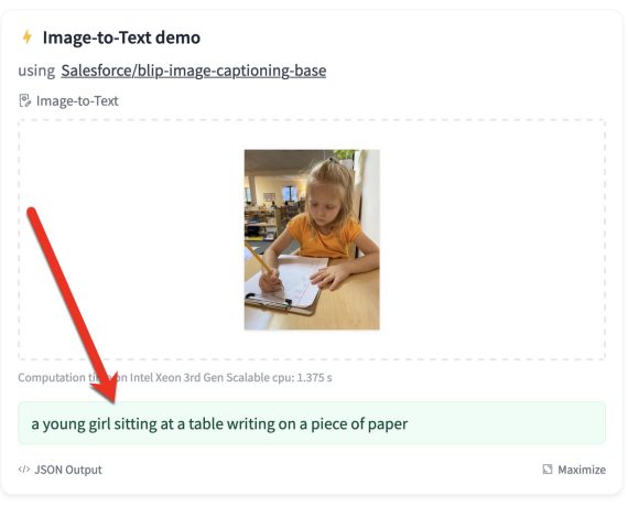 Screenshot of a young girl writing on paper with a caption below the image.