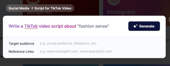 Screenshot requesting a prompt that reads: "Write a TikTok video script about "fashion sense."