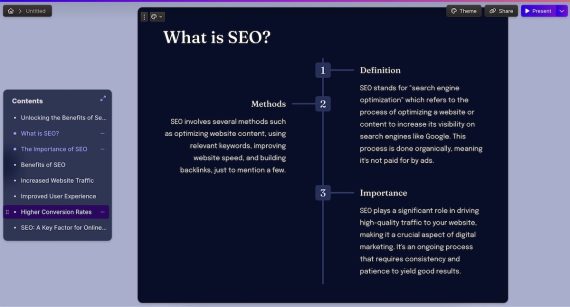 Screenshot of slides from Gamma for the topic "What is SEO?"