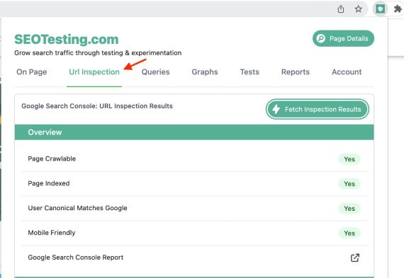 SEO Testing report showing URL inspection feature.