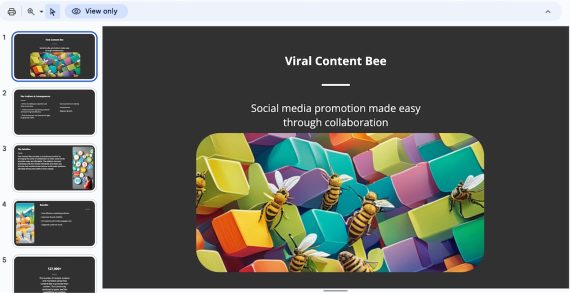 Screenshot of a presentation from Motionit for the business "Viral Content Bee."