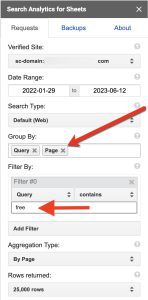 Screenshot in Search Analytics for Sheets to export by group and assign a filter
