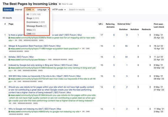 "Best pages by incoming links" report