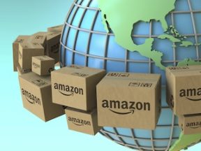 Illustration of the globe with Amazon boxes circling it.
