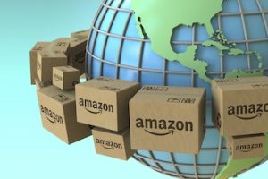 Illustration of the globe with Amazon boxes circling it.
