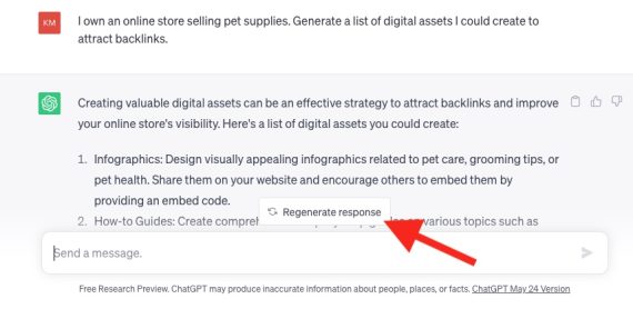 Screenshot of the button "Regenerate response" on ChatGPT's partial reply to the prompt "I own an online store selling pet supplies. Generate a list of digital assets I could create to attract backlinks."