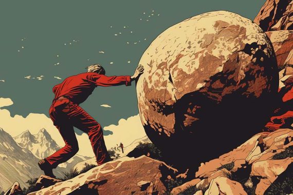 An AI-generated image from Midjourney of Sisyphus pushing a boulder.