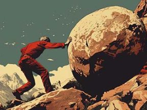 Sisyphus in Greek mythology pushing a rock up the hill.