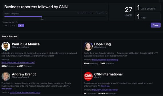 Screenshot in Drippi of business reporters followed by CNN