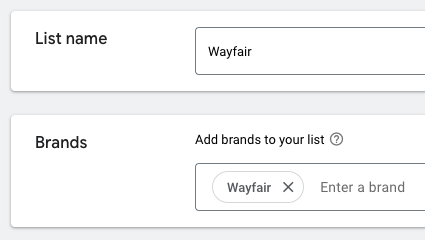 Partial screenshot of Wayfair's brand name exclusions 