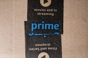 Amazon shipping box with Prime logo on it