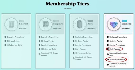 Diamond Art Club VIP Membership teirs listing all the benefits