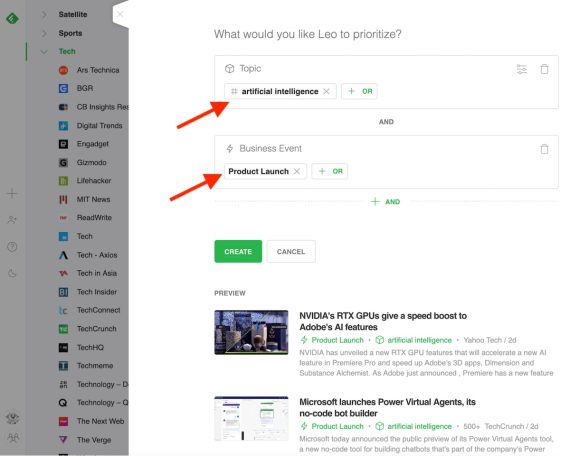 Screenshot of Feedly screen to prioritize "artificial intelligence" and "Product Launch."