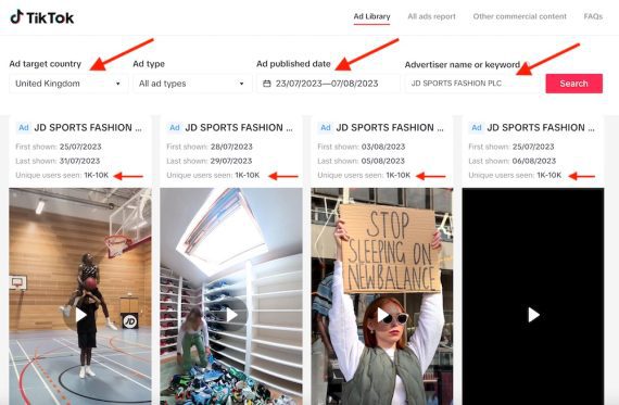 Screenshot of TikTok's search result page for ads, showing JD Sports Fashion