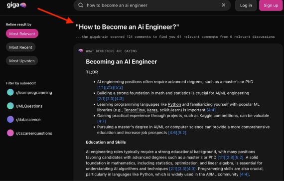 Screenshot of GigaBrain showing results for "How to become an AI engineer?"