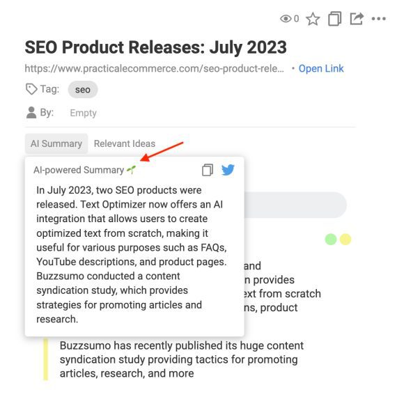 Screenshot of a Glasp page for "SEO Product Releases: July 2023"