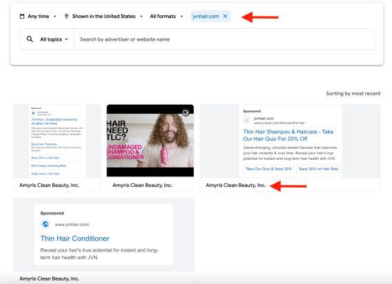 Google Ads Transparency Center for JVN haircare