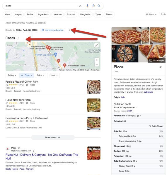 Screenshot of a "pizza" search
