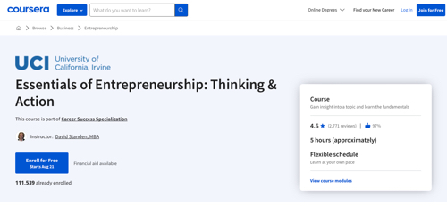 Home page: Essentials of Entrepreneurship: Thinking & Action. University of California, Irvine.