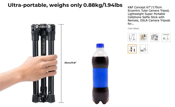 Product image of a hand holding a collapsed tripod. Next to it is a line depicting a height of 11.8 inches. A soda bottle is to the right.