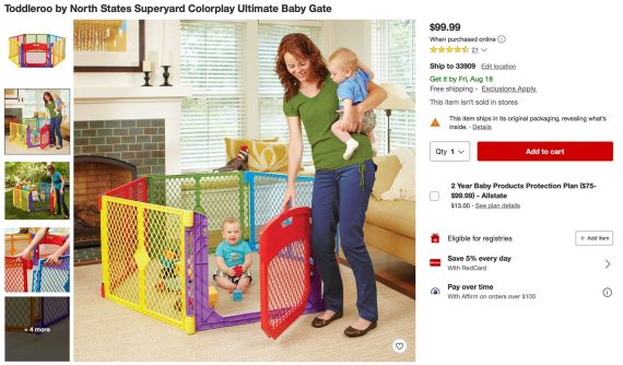 Product page with photo of a mom holding a toddler, next to a large playpen where another toddler is sitting.