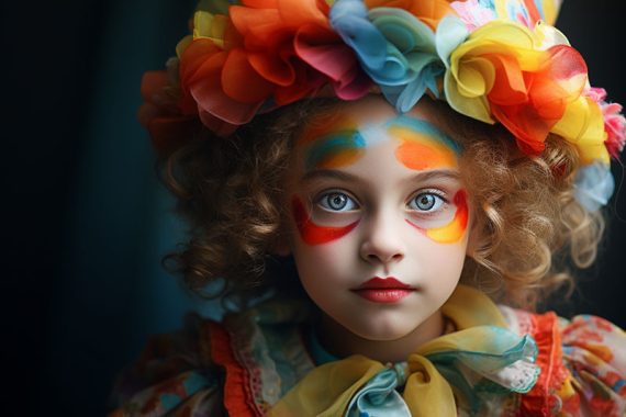 AI-generated photo of a young girl with a brightly-colored custome.