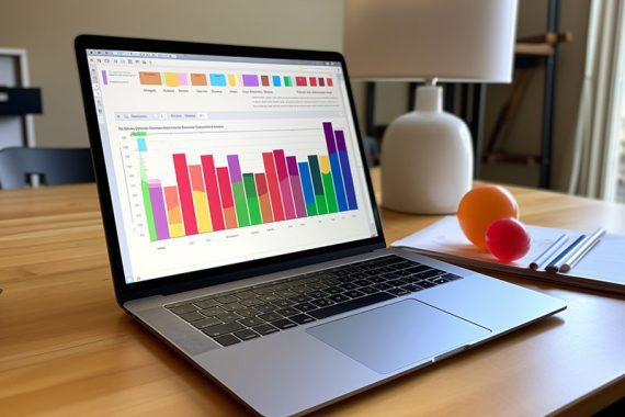 Photo of a laptop computer with bar graphs on the screen
