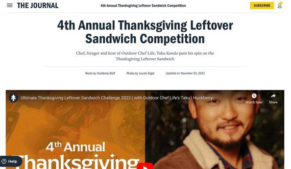 Screenshot of the Huckberry article and video titled "4th Annual Thanksgiving Leftover Sandwich Competition."