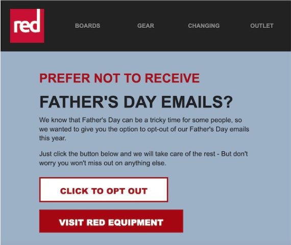 Dedicated email from Red's reading, "Prefer not to receive Father's Day emails?"