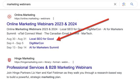 Screenshot of search results for "marketing webinars" showing events and dates in organic snippets